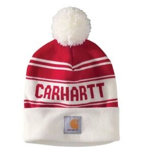 Carhartt Knit Pom-Pom Puff Logo Beanie in Red & Winter White Valentine’s Day NWT